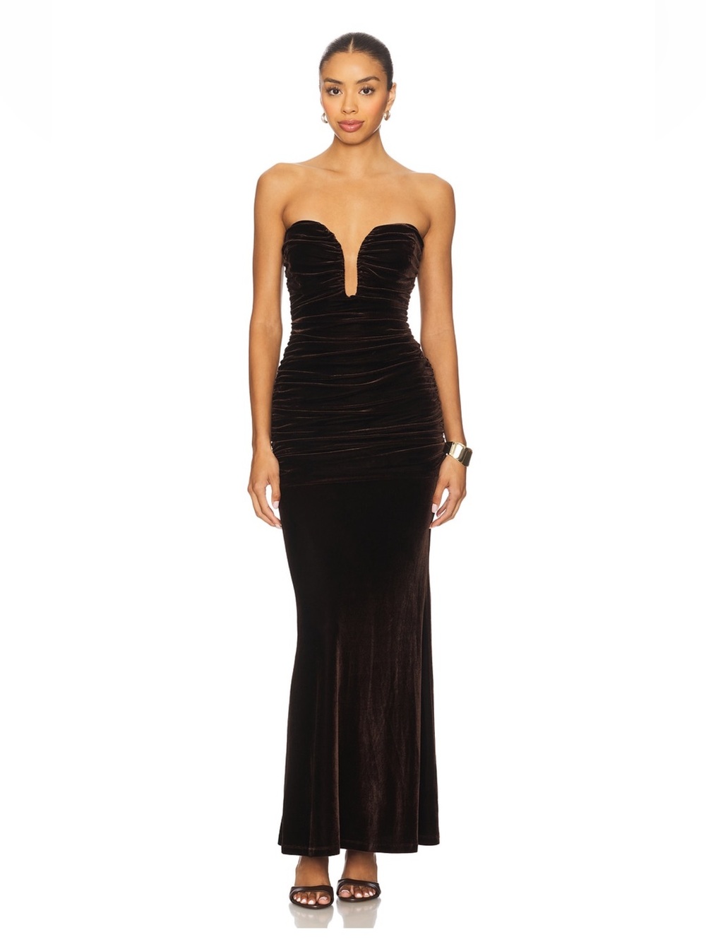 Bardot Brown Strapless Velvet Evening Gown